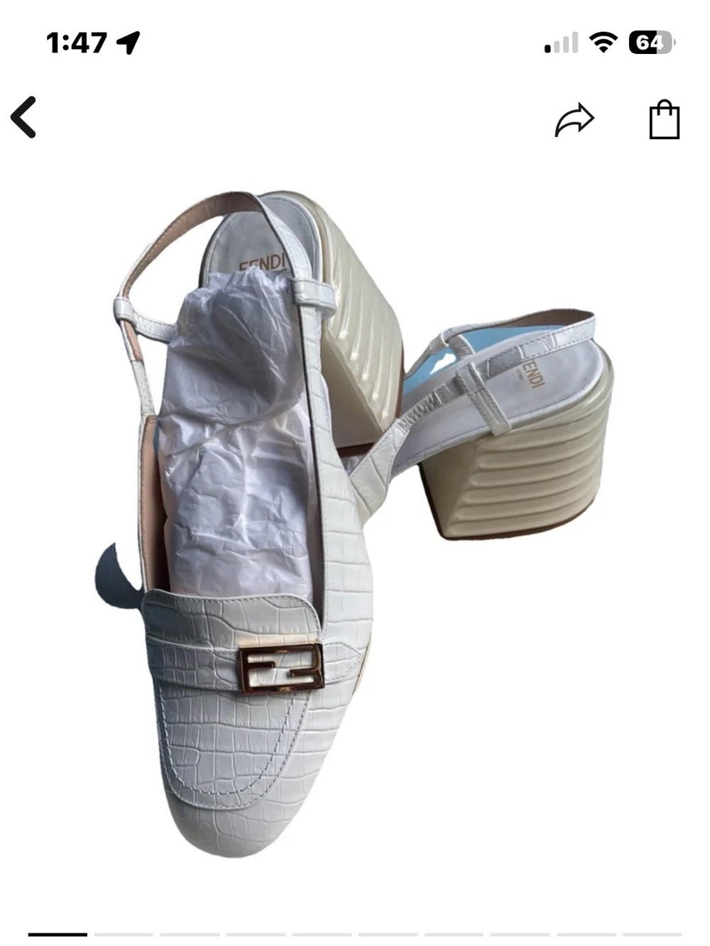 Fendi White Croc-Embossed Slingback Block Heel Mules with Gold Buckle